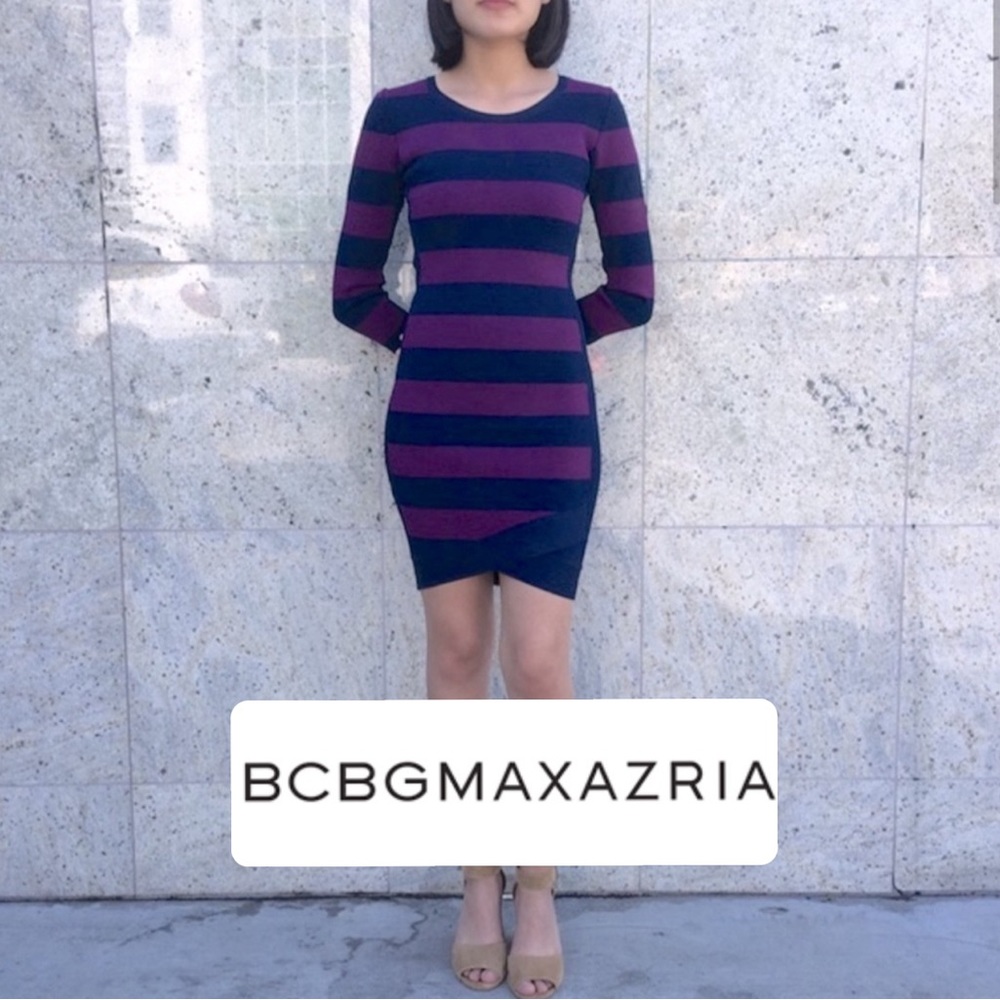 BCBG MAXAZRIA Purple Striped Long Sleeve Mini Dress